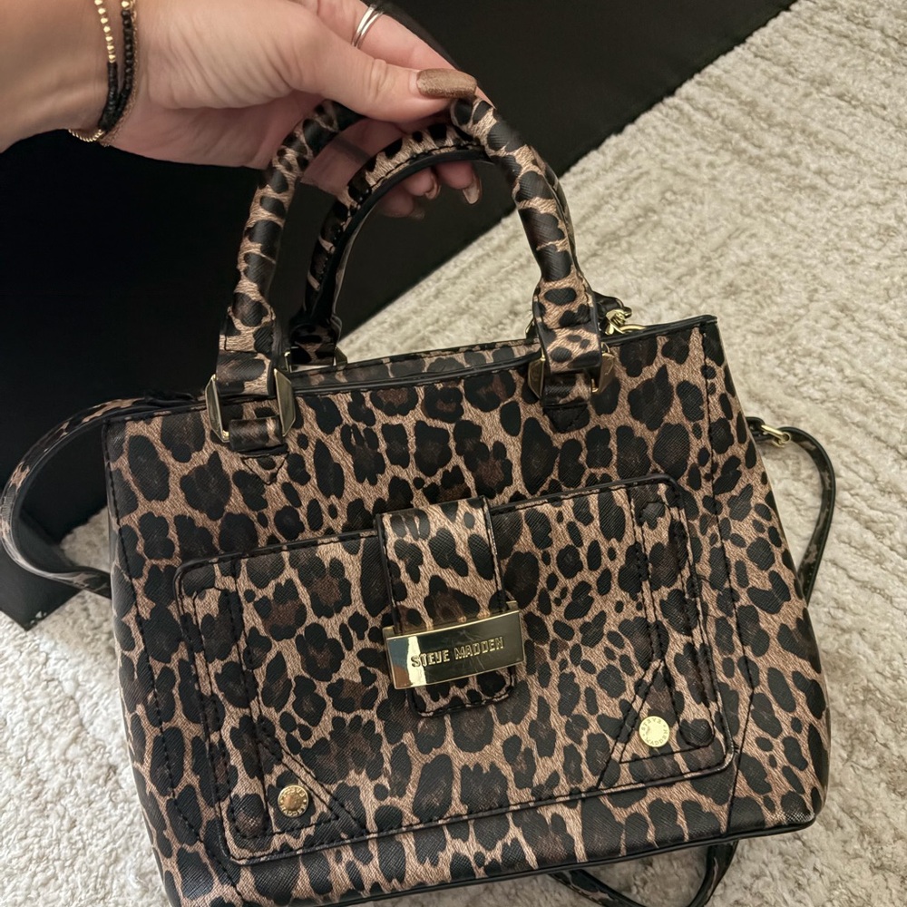 Steve Madden Leopard-Print Top Handle Satchel in Brown and Black